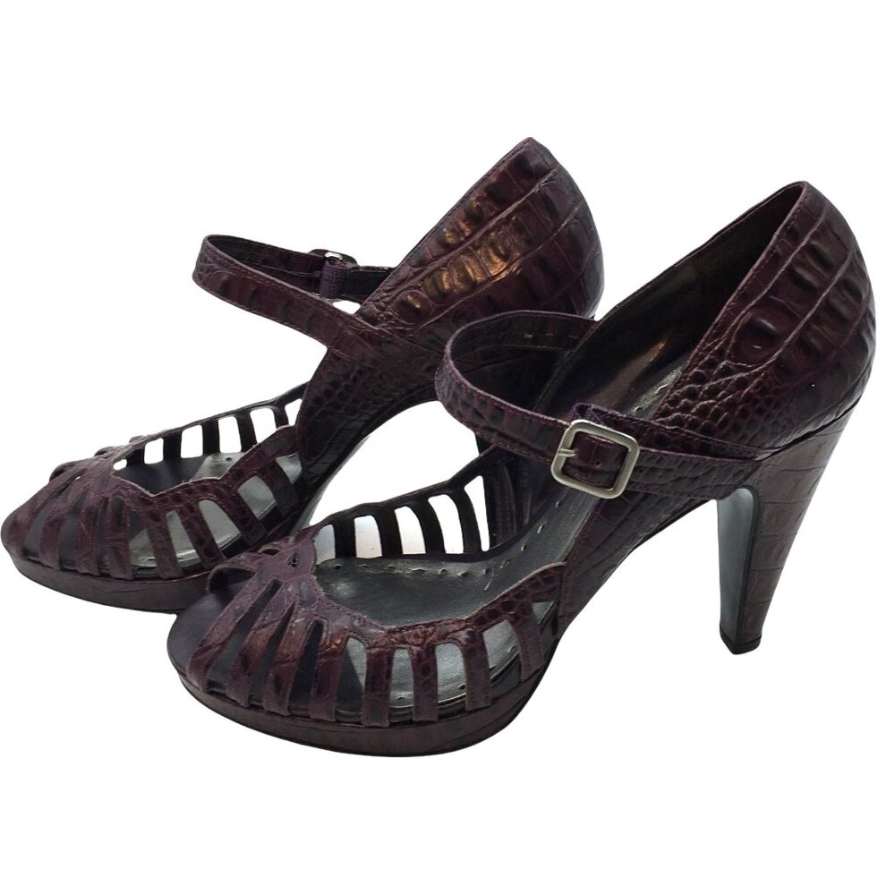 BCBGirls Heels 5" Caged‎ Cutout Leather Faux Croc Embossed Size 10 Dark Purple
